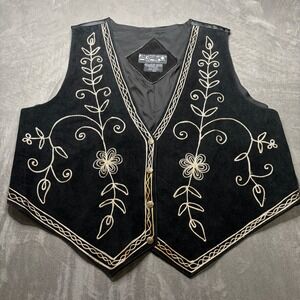 Vtg 90s Agapo Leather Vest Women 22/24 Black Embroidered Western Rodeo Folk Boho